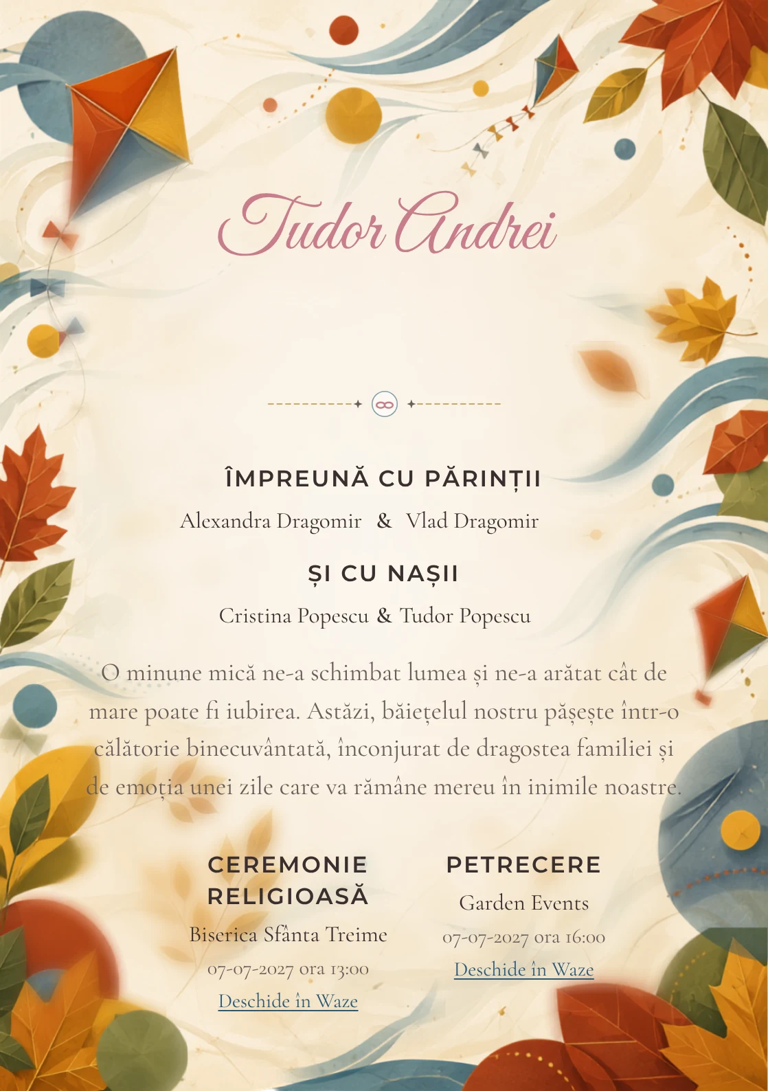 Zmeie de Toamnă, din gama de invitații digitale botez, are ca reper vizual zmee mari traversând forme de toamnă; compoziția include frunze geometrice, vânt și discuri colorate.
