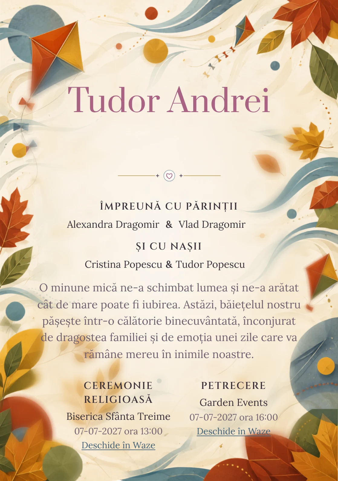 Zmeie de Toamnă, din gama de invitații digitale botez, are ca reper vizual zmee mari traversând forme de toamnă; compoziția include frunze geometrice, vânt și discuri colorate.