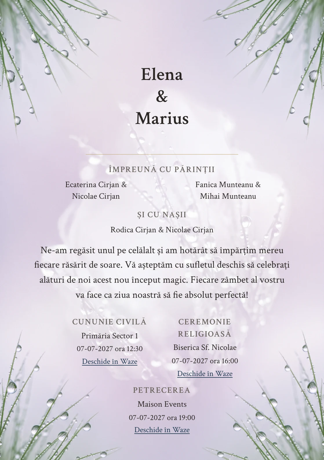 Zori cu Rouă, pentru o invitație de nuntă, prezintă picături de rouă pe fire grafice, completat vizual de nuanțe de verde rouă, alb dimineață și lila ceață.