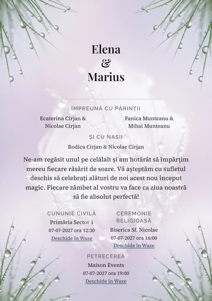 Zori cu Rouă, pentru o invitație de nuntă, prezintă picături de rouă pe fire grafice, completat vizual de nuanțe de verde rouă, alb dimineață și lila ceață.