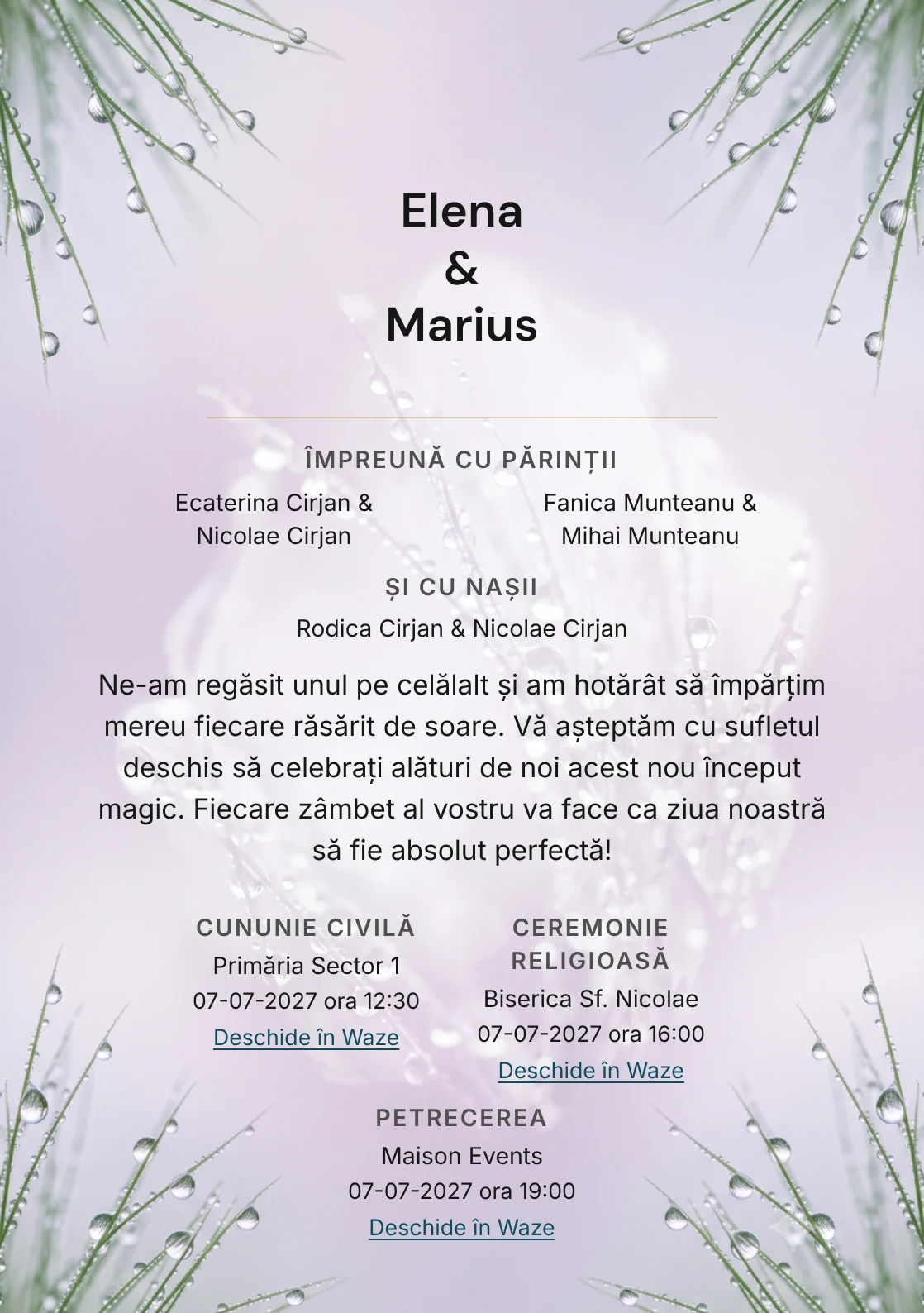 Zori cu Rouă, pentru o invitație de nuntă, prezintă picături de rouă pe fire grafice, completat vizual de nuanțe de verde rouă, alb dimineață și lila ceață.