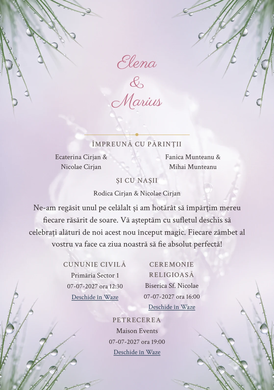 Zori cu Rouă, pentru o invitație de nuntă, prezintă picături de rouă pe fire grafice, completat vizual de nuanțe de verde rouă, alb dimineață și lila ceață.