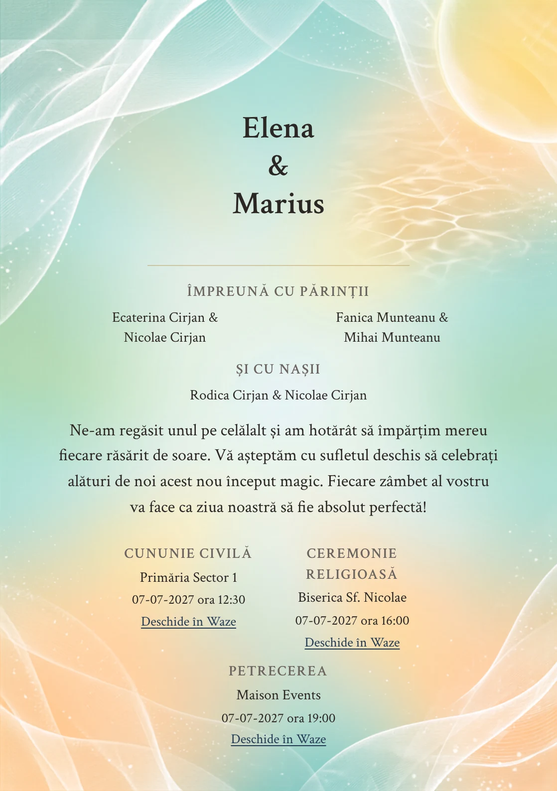 Zori de Vară, pentru o invitație de nuntă, pune accent pe disc solar pal, alături de tonuri de galben solar pal, alb in și aqua vară.