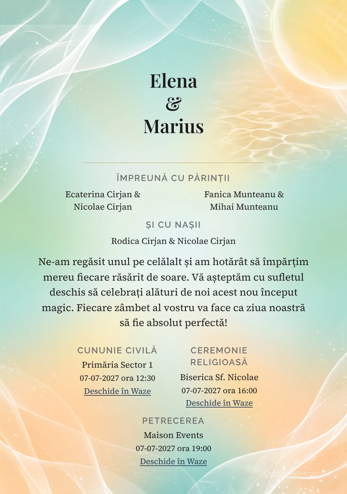 Zori de Vară, pentru o invitație de nuntă, pune accent pe disc solar pal, alături de tonuri de galben solar pal, alb in și aqua vară.
