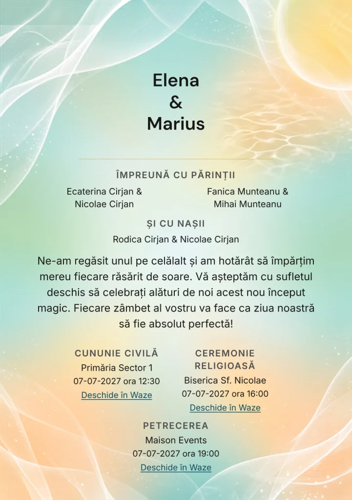Zori de Vară, pentru o invitație de nuntă, pune accent pe disc solar pal, alături de tonuri de galben solar pal, alb in și aqua vară.