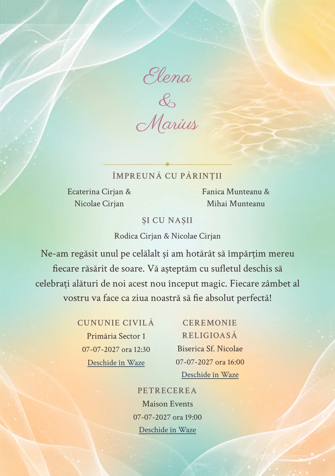 Zori de Vară, pentru o invitație de nuntă, pune accent pe disc solar pal, alături de tonuri de galben solar pal, alb in și aqua vară.